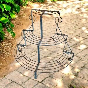 Tiered Wrought Iron Plant Stand Semicircle Freestanding Midcentury Modern Blue